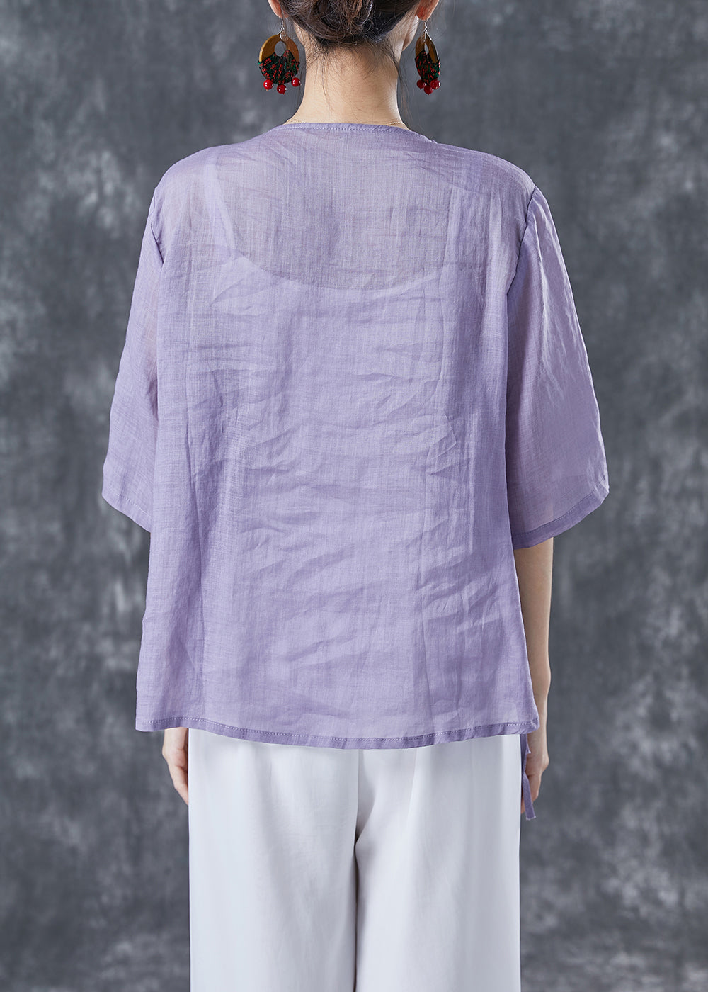 Purple Asymmetrical Chinese Button Linen Blouse Tops Summer