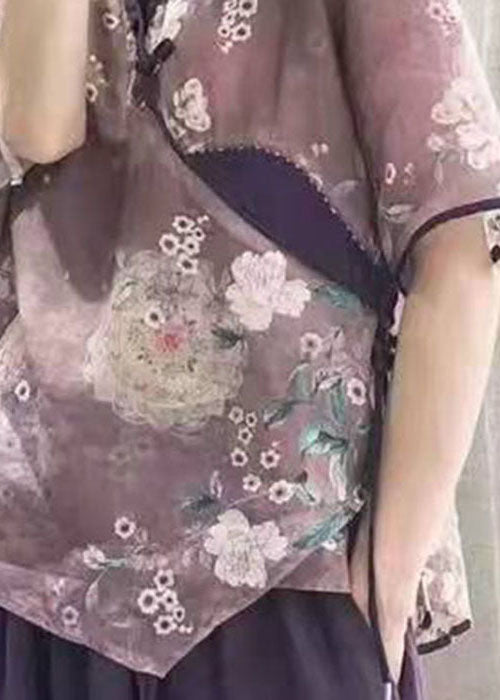 Purple Button Print Shirt Tops Half Sleeve
