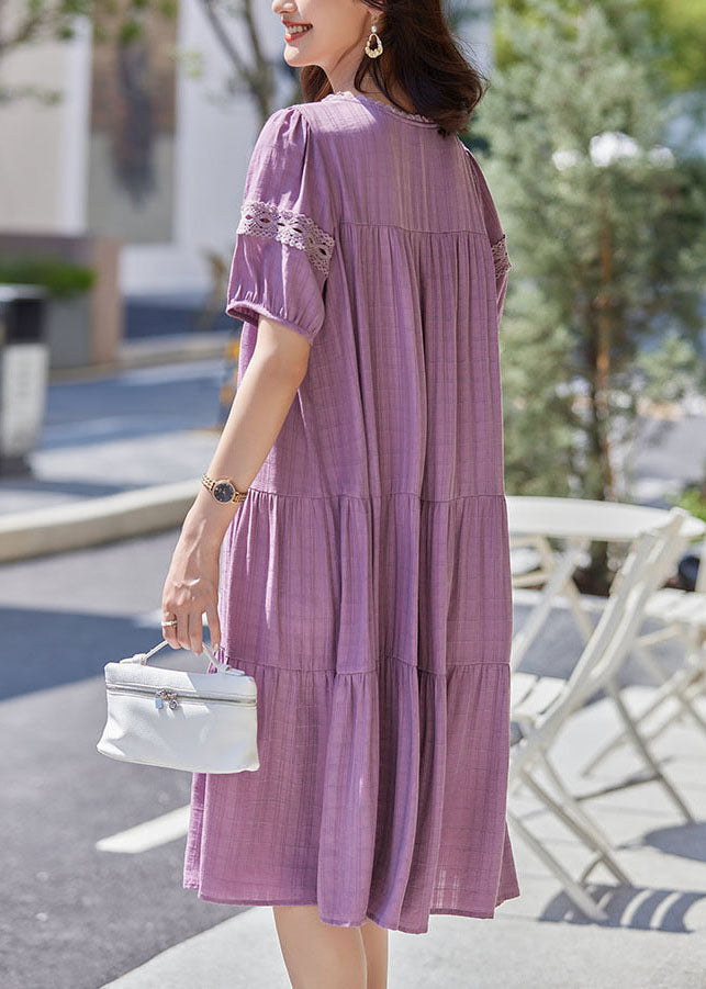 Purple Hollow Out Embroidered Cotton Dress Summer