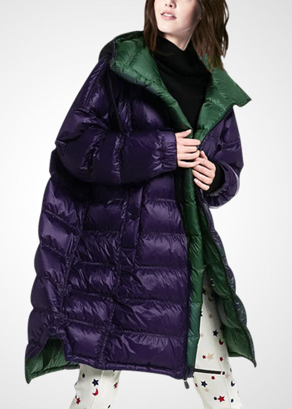 Purple Hooded Zippered Duck Down Puffer Coat Winter