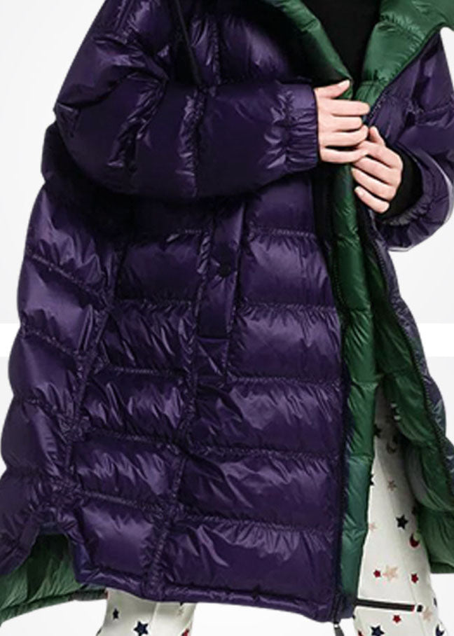 Purple Hooded Zippered Duck Down Puffer Coat Winter
