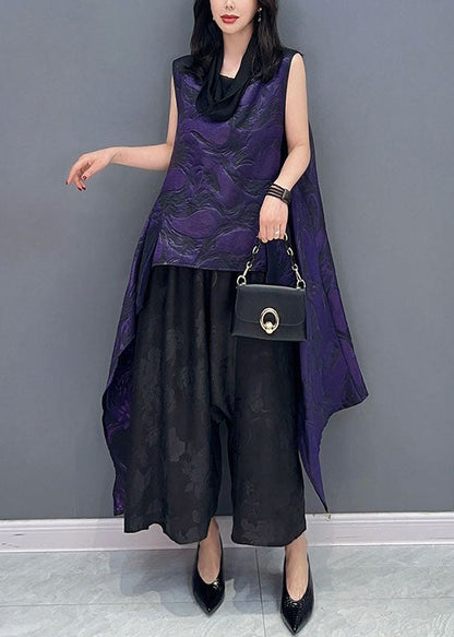 Purple Jacquard Asymmetrical Patchwork Cotton Tops Sleeveless