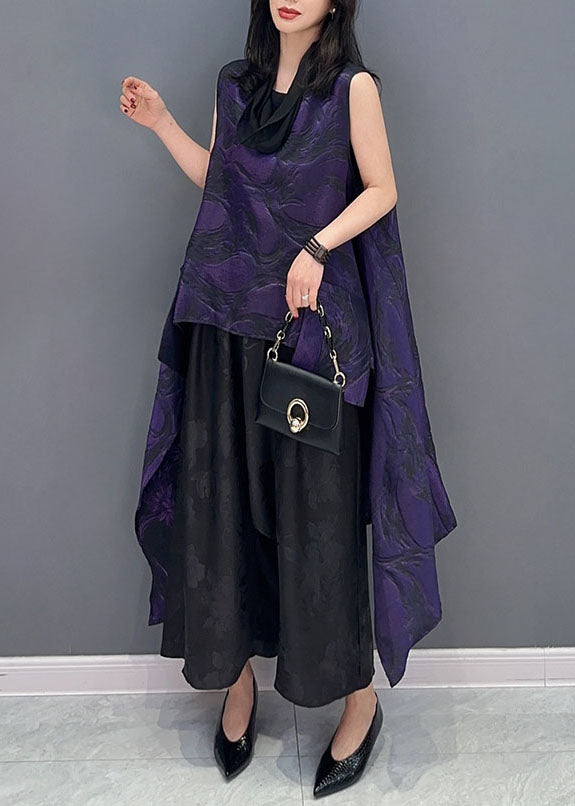 Purple Jacquard Asymmetrical Patchwork Cotton Tops Sleeveless