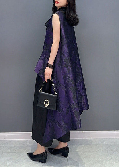 Purple Jacquard Asymmetrical Patchwork Cotton Tops Sleeveless