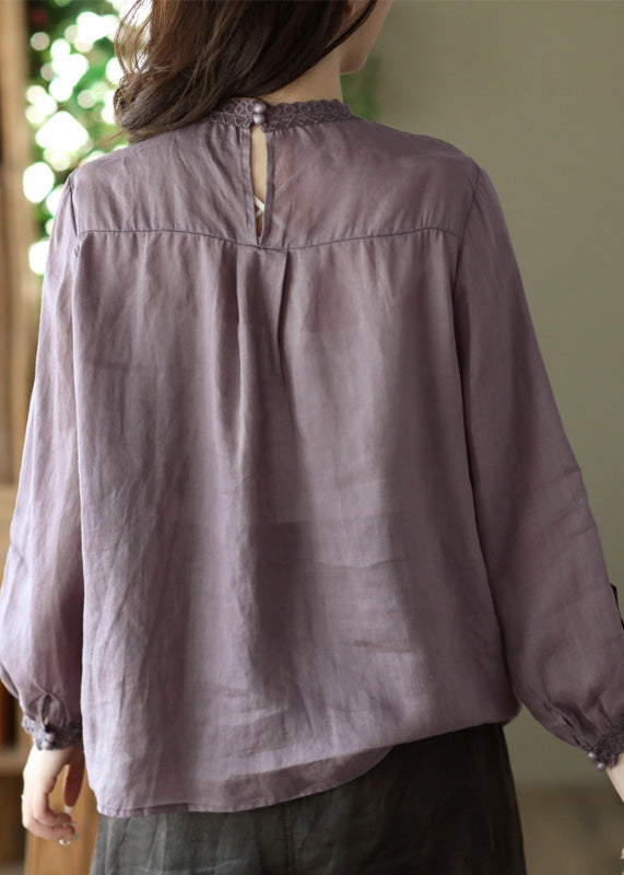 Purple Lace Patchwork Ramie Shirt Long Sleeve