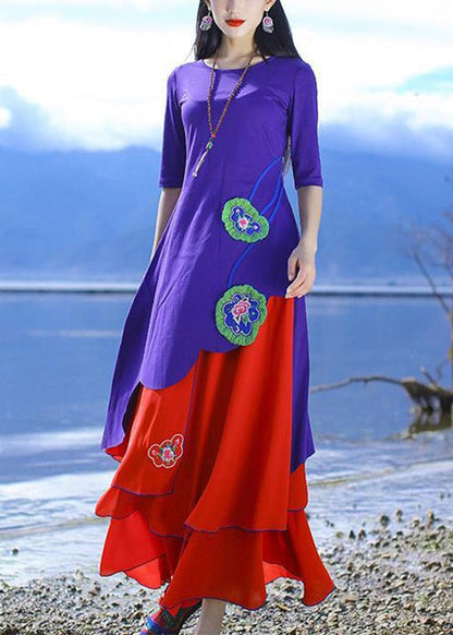 Purple O-neck Asymmetrical Cotton T Shirts Half Sleeve