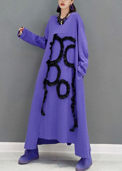Purple O-neck Asymmetrical Ruffled Cotton a Line Dress Spring