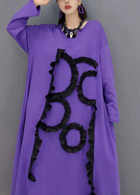 Purple O-neck Asymmetrical Ruffled Cotton a Line Dress Spring