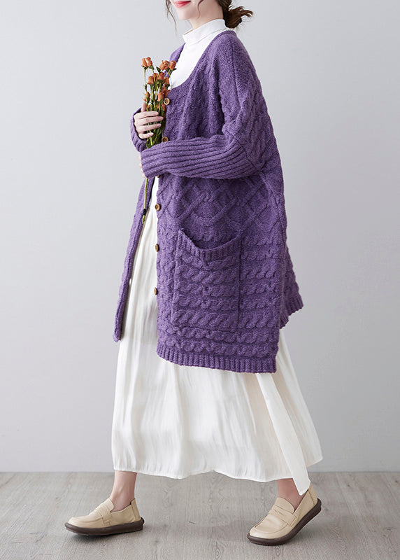 Purple O-neck Button Knit Loose Knit Cardigans Spring
