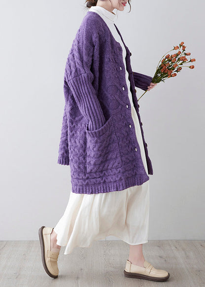 Purple O-neck Button Knit Loose Knit Cardigans Spring