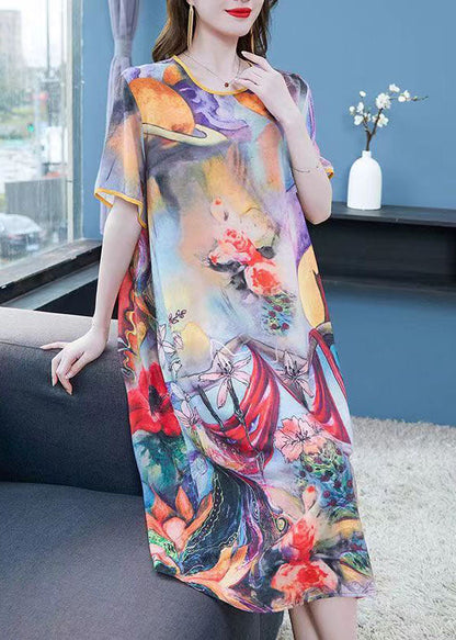 Purple O Neck Print Patchwork Chiffon Dress Summer