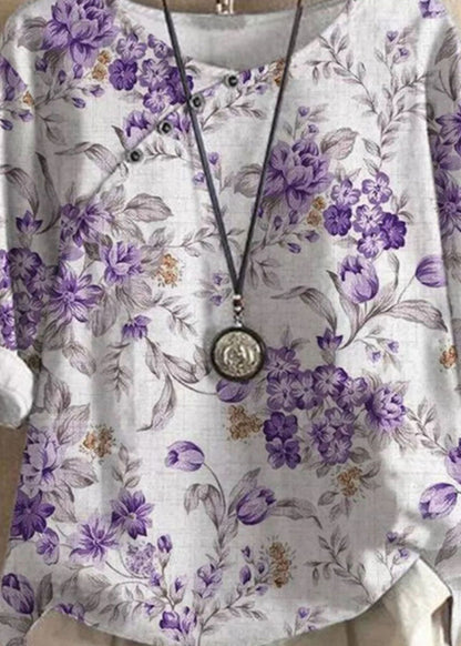 Purple O Neck Print Patchwork Linen T Shirts Tops Summer
