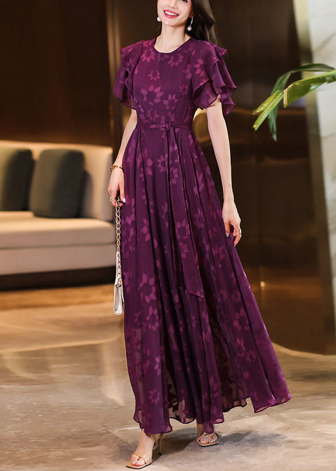 Purple O-neck Print Ruffled Wrinkled Chiffon Maxi Dress Short Sleeve