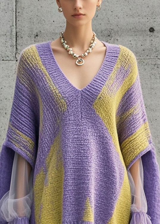 Purple Oversized Patchwork Tulle Knit Dress Fall