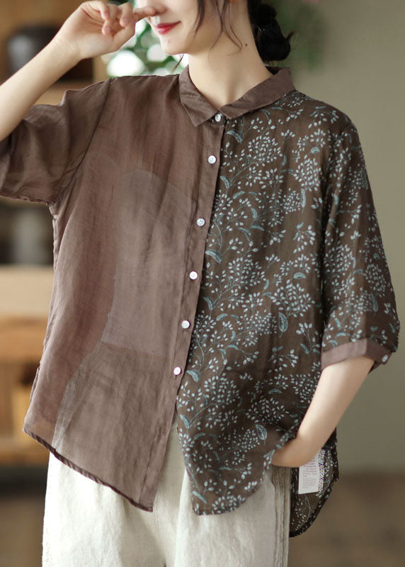 Purple Peter Pan Collar Print Button Patchwork Linen Tops Summer