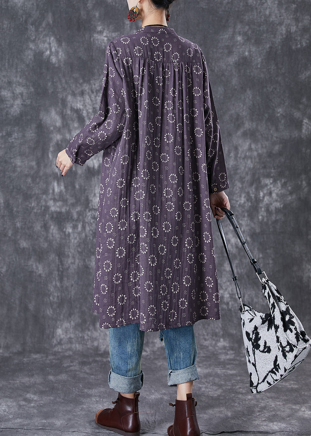 Purple Print Button Down Cotton Dresses Fall