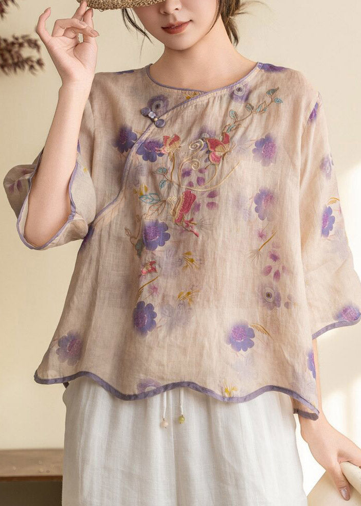 Purple Print Button Linen Shirt Summer