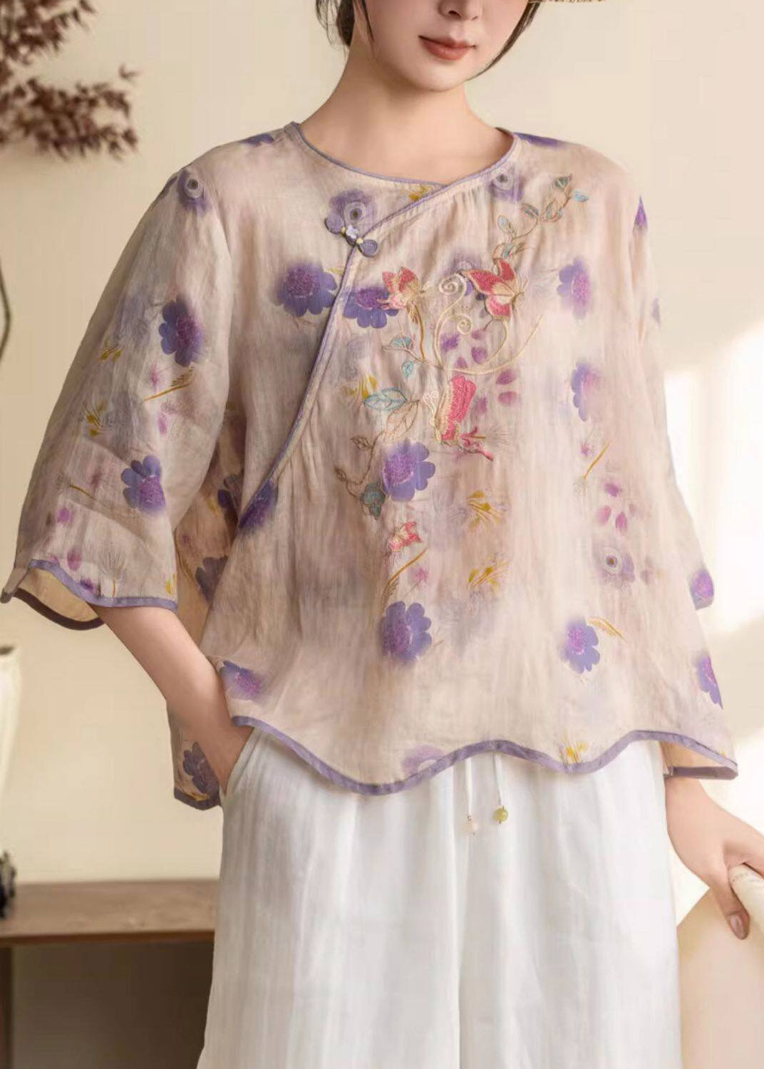 Purple Print Button Linen Shirt Summer