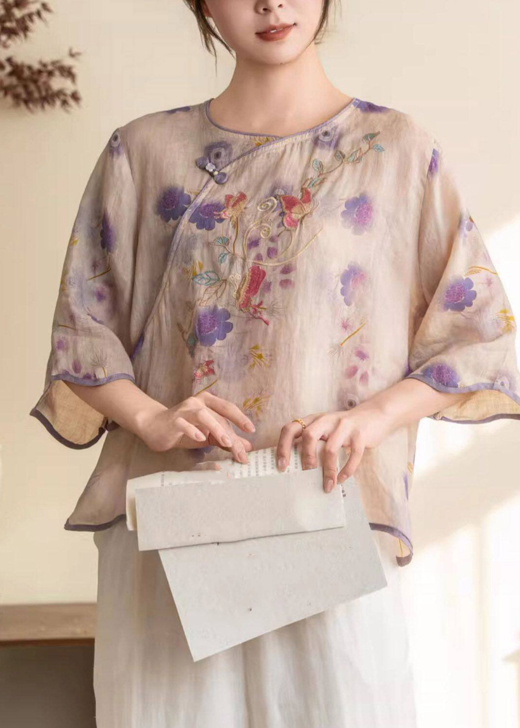 Purple Print Button Linen Shirt Summer