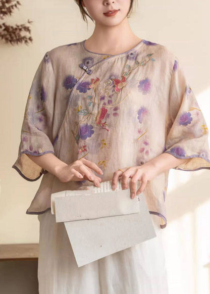 Purple Print Button Linen Shirt Summer