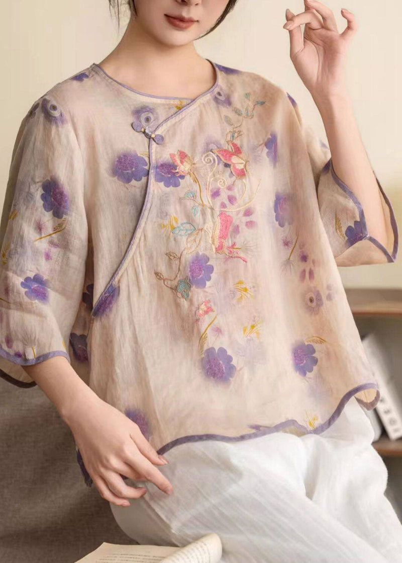 Purple Print Button Linen Shirt Summer