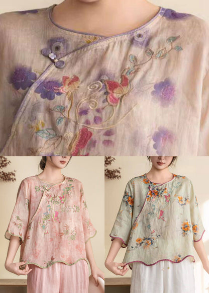 Purple Print Button Linen Shirt Summer