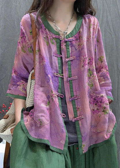 Red Grid Print Chinese Button Cotton Shirt Top Summer