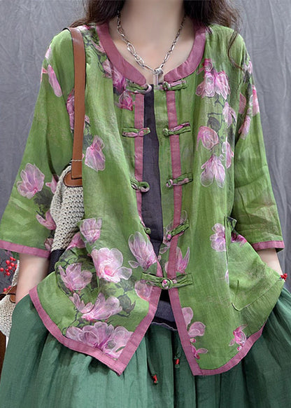 Brown Flowers Print Chinese Button Cotton Shirt Top Summer