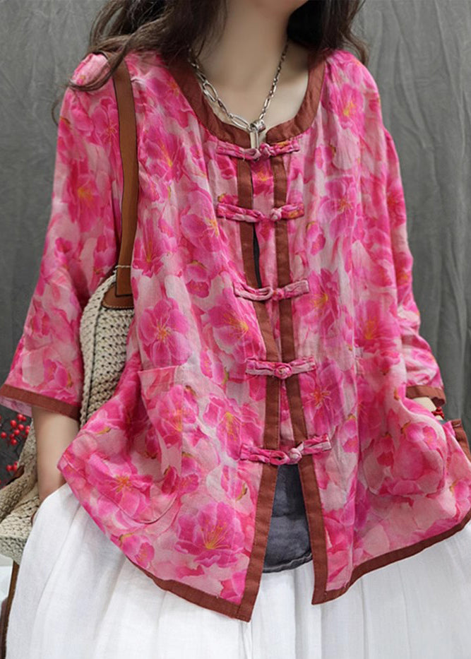Purple Print Chinese Button Cotton Shirt Top Summer