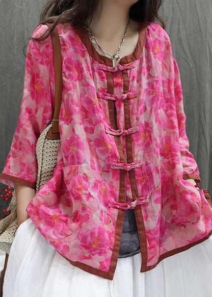 Brown Flowers Print Chinese Button Cotton Shirt Top Summer