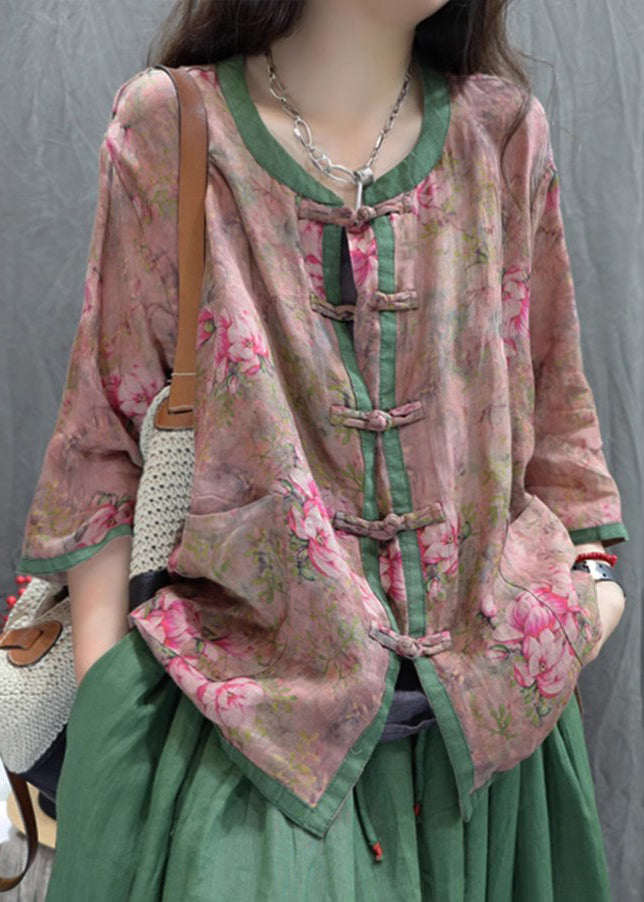 Red Grid Print Chinese Button Cotton Shirt Top Summer