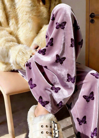 Purple Print Draping Silk Velvet Wide Leg Pants