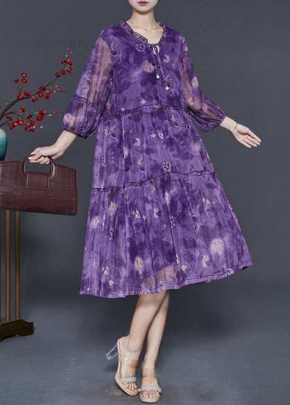 Purple Ruffled Print Chiffon Maxi Dress Summer
