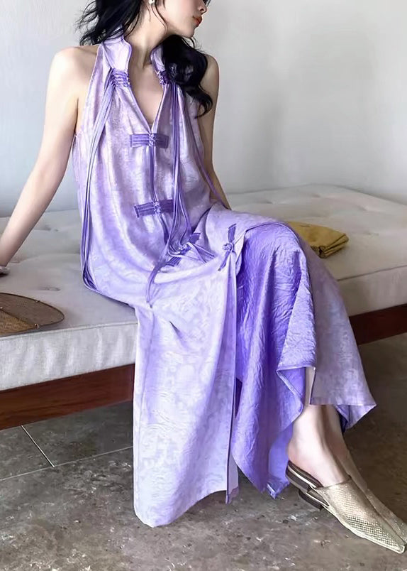 Purple Stand Collar Asymmetrical Button Tassel Maxi Dresses Summer
