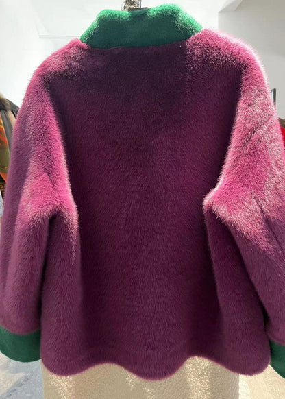 Purple Stand Collar Patchwork Oriental Button Mink Velvet Coats Winter
