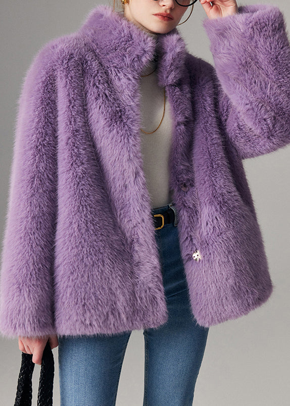Purple Stand Collar Leather and Fur Coats Winter