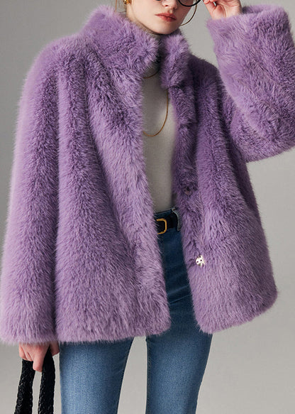 Purple Stand Collar Leather and Fur Coats Winter