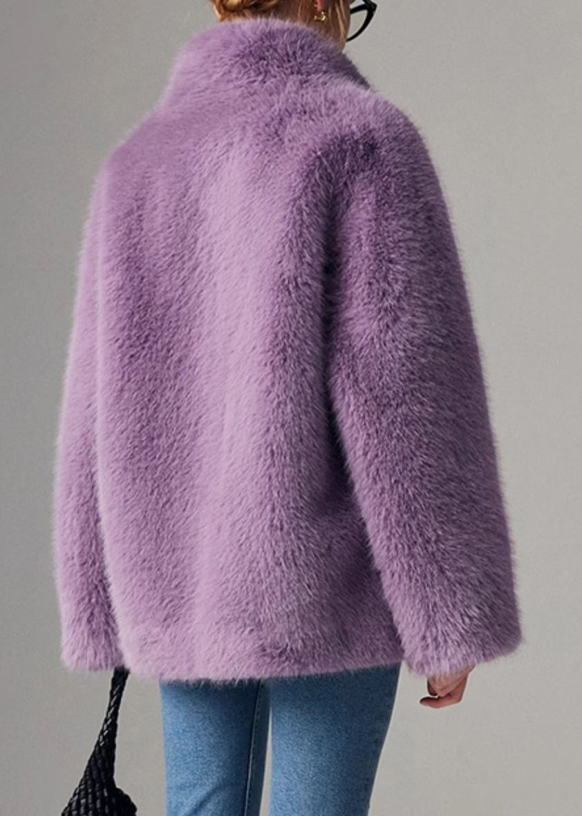 Purple Stand Collar Leather and Fur Coats Winter
