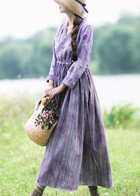 Purple Striped Quilting Dresses Patchwork Two Ways to Wear Long Spring Dress
