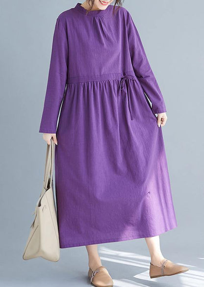 Purple Tunics Stand Collar Drawstring Spring Dress