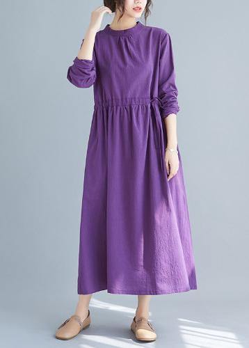Purple Tunics Stand Collar Drawstring Spring Dress
