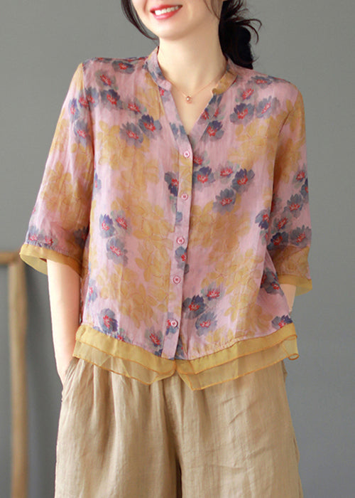 Purple V Neck Button Patchwork Linen Shirt Tops Summer