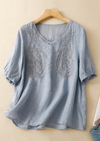 Purple V Neck Embroidered Linen T Shirt Summer