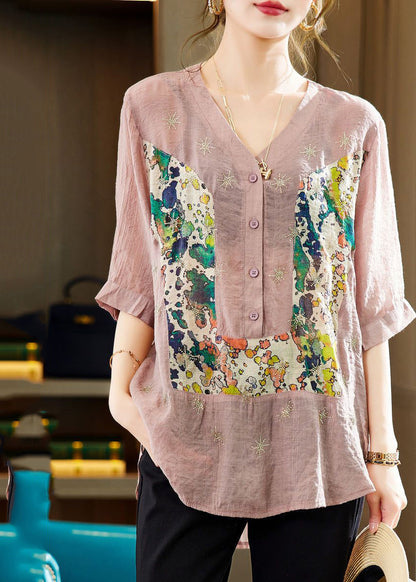 Purple V Neck Patchwork Print Cotton Tops Half Sleeve