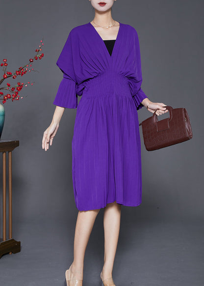 Purple V Neck Silm Fit Cotton Pleated Dress Fall