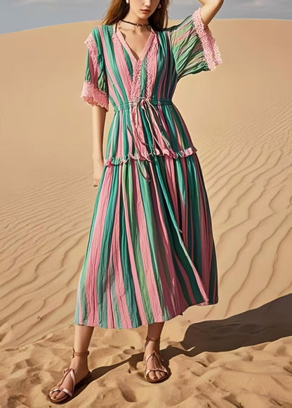 Rainbow Cinched Striped Cotton Holiday Dress Summer