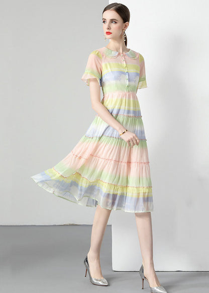 Rainbow Ruffled Button Patchwork Chiffon Dresses Summer