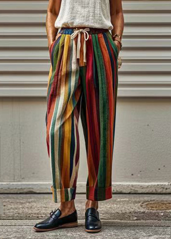 Rainbow Striped Pockets Tie Waist Crop Pants Summer