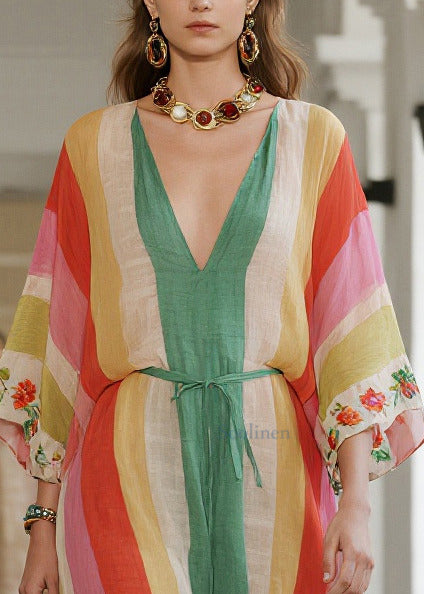 Rainbow Striped Tie Waist Cotton Tunic Dresses Summer