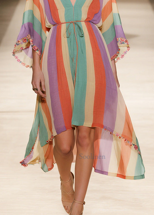 Rainbow V Neck Striped Chiffon Holiday Dress Summer